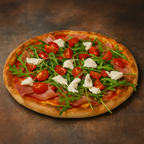 Pizza con pomodorini, rucola, mozzarella e prosciutto